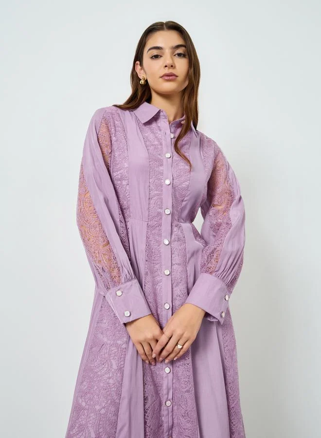 ستايلي فستان ميدي بتصميم قميص وأكمام بأساور للنساء